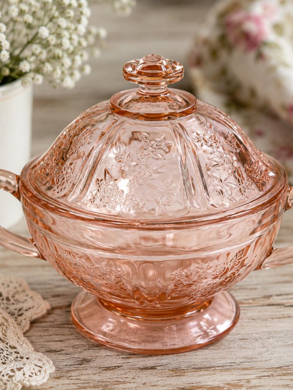 BD-65--Vintage Pink Depression Glass Covered Sugar Bowl Floral